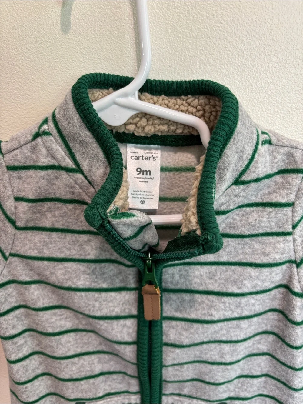 Carter's Gray & Green Striped Zip-Up One-Piece fleece 9 month boy